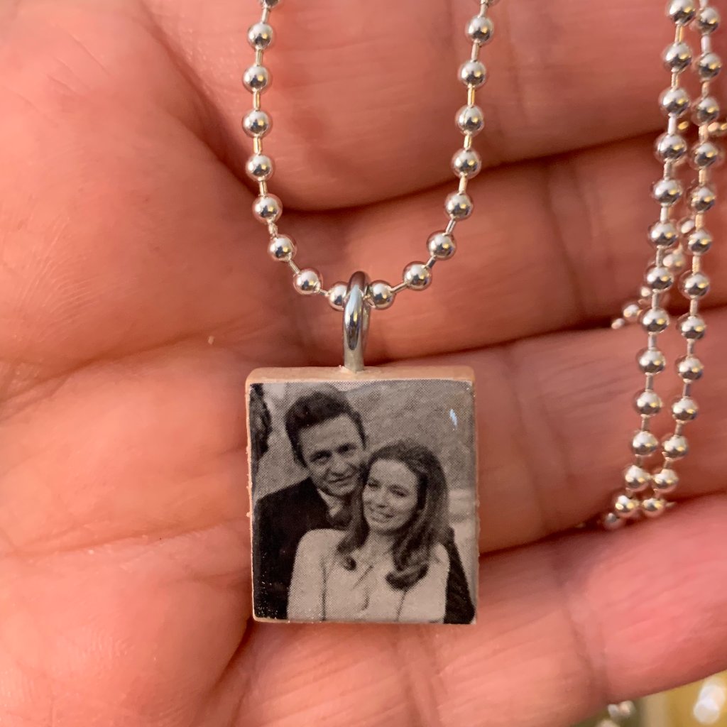 (2/$12,4/$20) Johnny And June Carter Cash Scrabble Tile Necklace